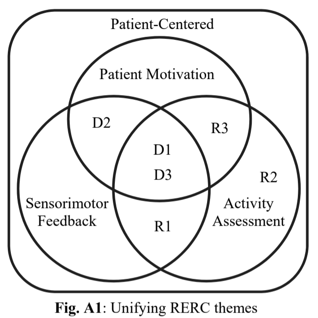 A chart unifying RERC themes, comparing patient motivation, activity assessment, and sensorimotor feedback